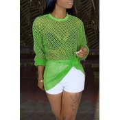 Lovely Trendy O Neck Hollow-out Green Blouse