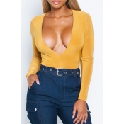 Lovely Casual Deep V Neck Yellow T-shirt