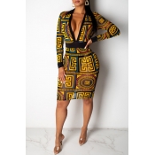 Lovely Stylish Deep V Neck Printed Yellow Knee Len