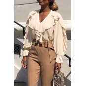 Lovely Sweet V Neck Ruffle Design Apricot Blouse