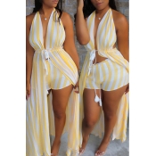Lovely Casual V Neck Striped Yellow Two-piece Shor