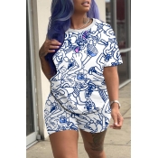 Lovely Casual O Neck Printed Blue Two-piece Shorts