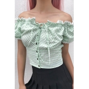 Lovely Stylish Off The Shoulder Plaid Printed Gree
