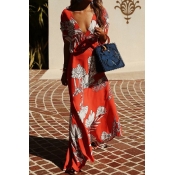 Lovely Bohemian V Neck Floral Printed Red Floor Le