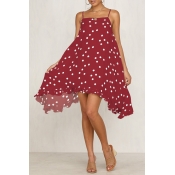Lovely Casual Spaghetti Straps Dot Printed Red Kne