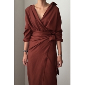 Lovely Casual Turndown Collar Lace-up Brick Red OL