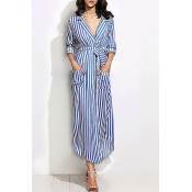 Lovely Casual Turndown Collar Striped Blue Ankle L