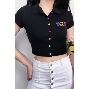 Lovely Casual V Neck Buttons Design Black Blouse