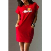 Lovely Casual O Neck Letter Printed Red Mini Dress
