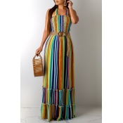Lovely Casual Halter Neck Striped Multicolor Ankle