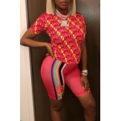 Lovely Casual O Neck Printed Patchwork Red Two-pie