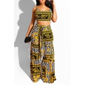 Lovely Casual U Neck Printed Yellow Two-piece Pant