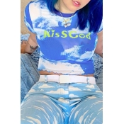 Lovely Casual O Neck Letter Printed Blue T-shirt