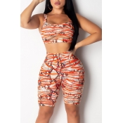 Lovely Casual Printed Hollow-out Jacinth Two-piece