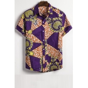 Lovely Casual Short Sleeve Printed Purple Shirt