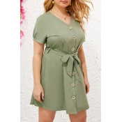 Lovely Casual V Neck Buttons Design Green Mini Plu