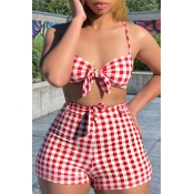 Lovely Sexy Spaghetti Straps Plaid Printed Red Two