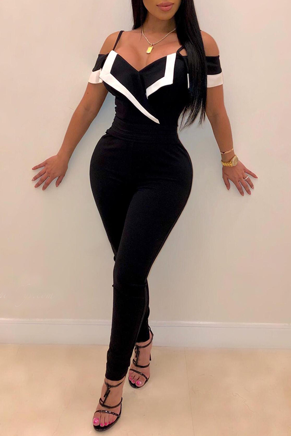 

Lovely Sexy Spaghetti Straps Patchwork Black One-piece Jumpsuit