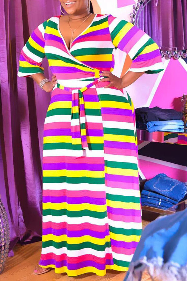 

Lovely Bohemian Striped Multicolor Maxi Plus Size Dress, Multicolor mstn