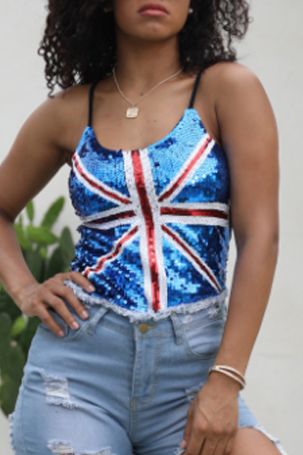 

Lovely Casual Sequins Decoration Blue Tank Top