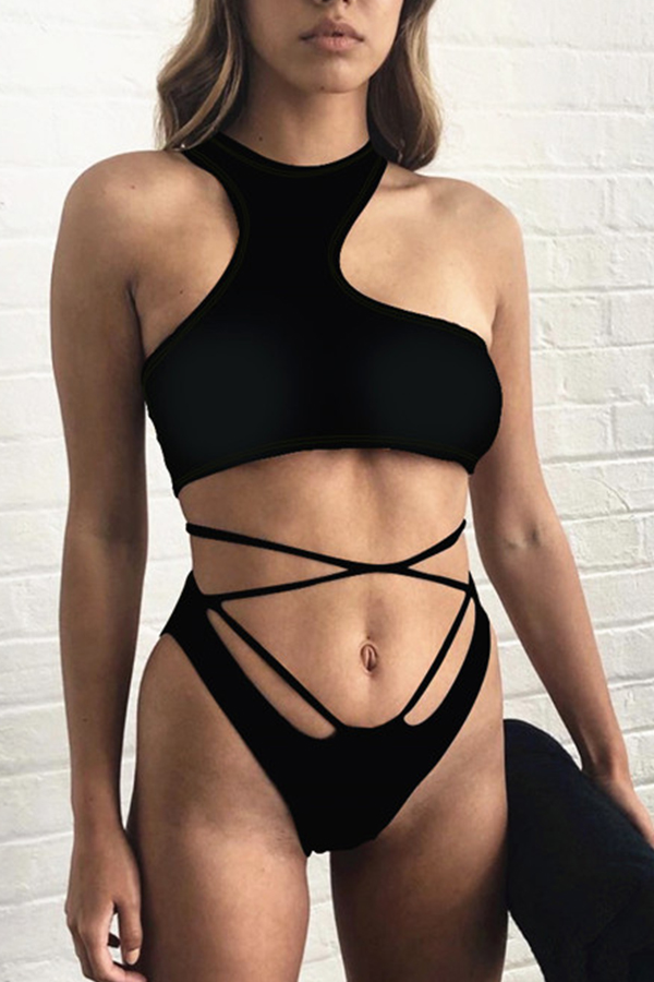 Lovely Hollow-out Black Two-piece Swimwear