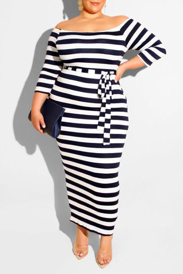 

Lovely Casual Striped Black Ankle Length Plus Size Dress