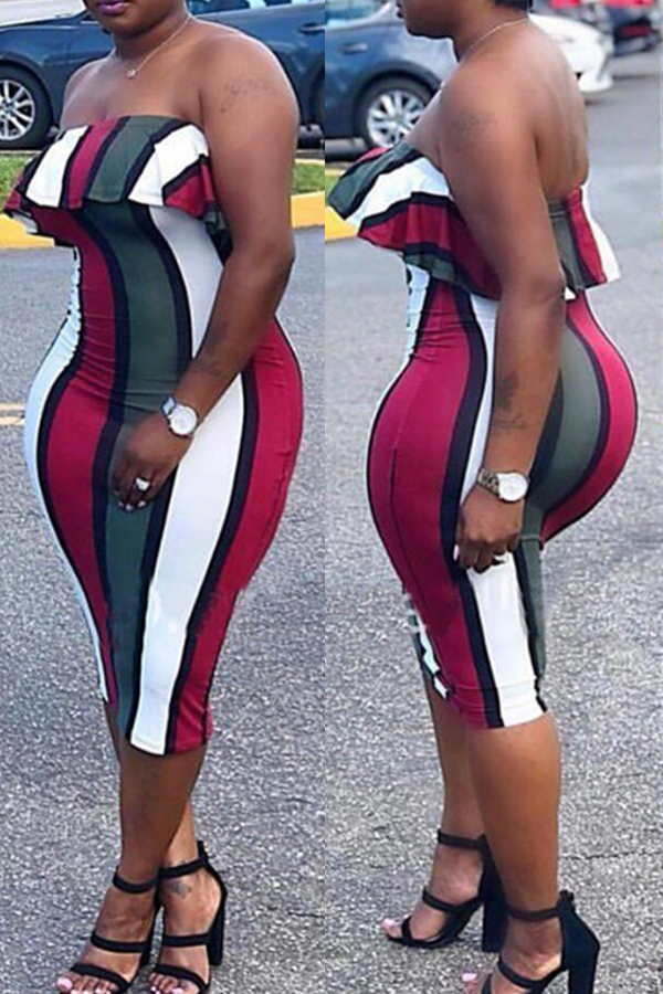 

Lovely Sexy Off The Shoulder Striped Ruffle Multicolor Knee Length Dress, Multi