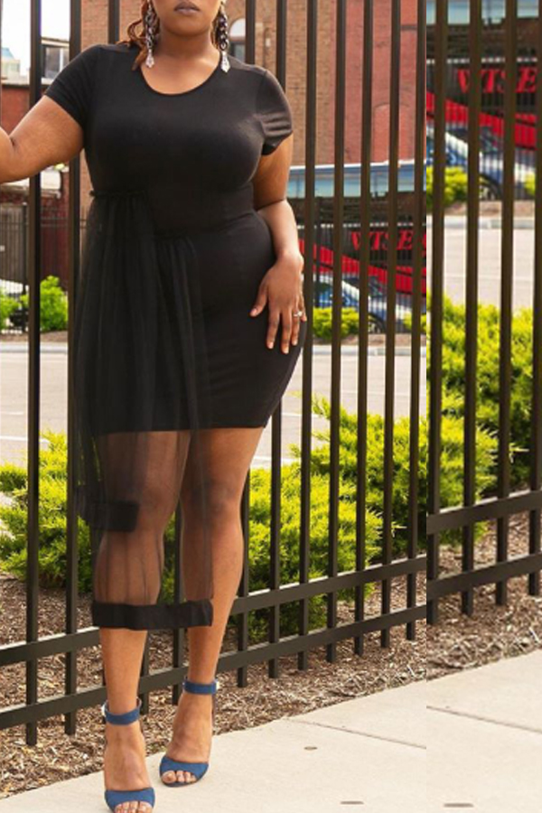 

Lovely Stylish Patchwork Black Mini Plus Size Dress