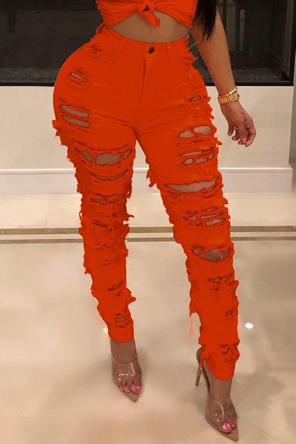 

Lovely Sexy High Waist Hollow-out Orange Jeans