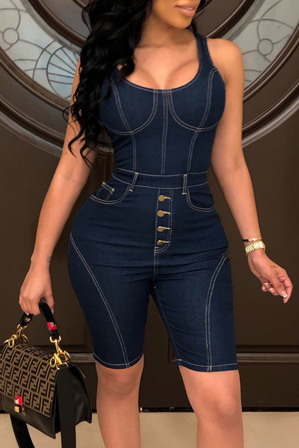 

Lovely Casual U Neck Spaghetti Straps Deep Blue Denim One-piece Romper