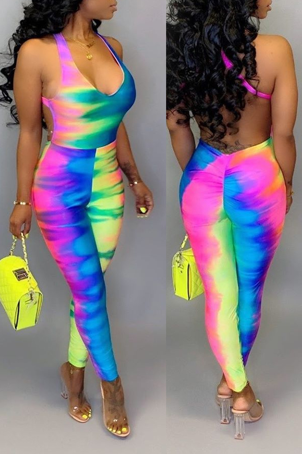 

Lovely Sexy Tie-dye Backless Multicolor One-piece Jumpsuit, Multi