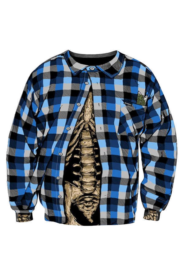 

Lovely Casual Plaid Printed Blue Hoodies, Black
