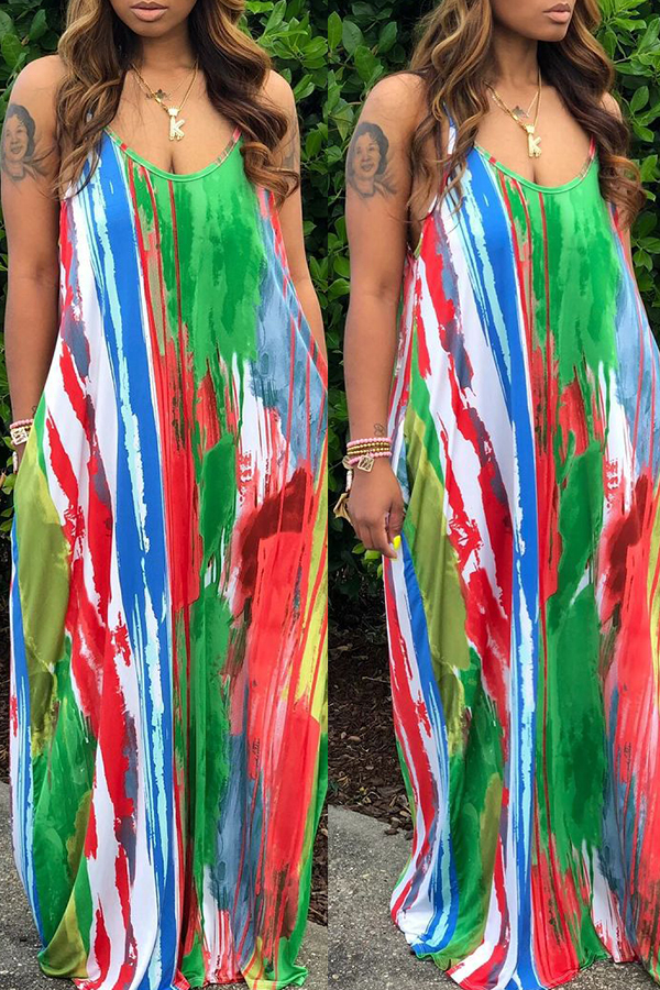 

Lovely Casual Spaghetti Straps Printed Green Floor Length Dress