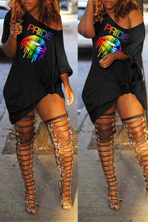Lovely Casual One Shoulder Letter Lip Printed Black Mini Dress