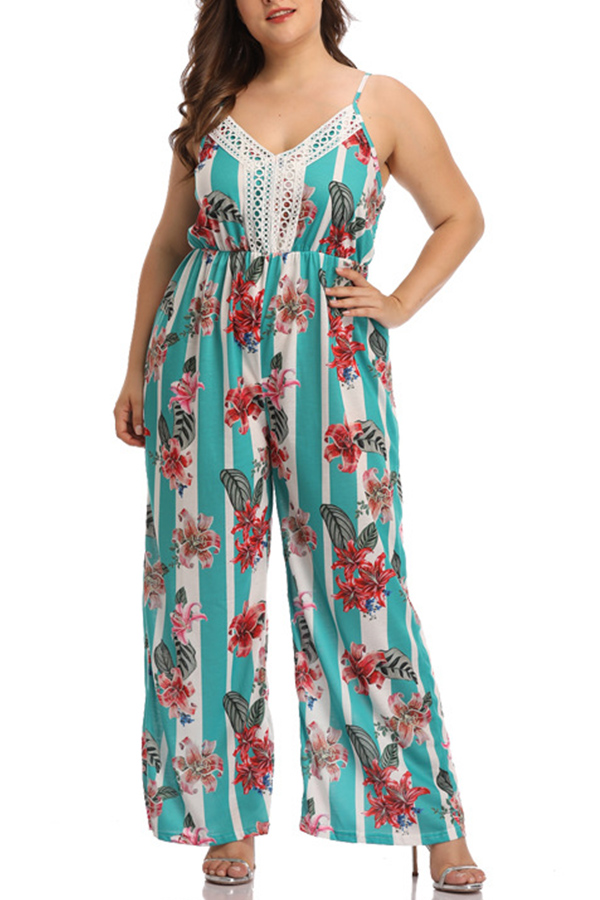 

Lovely Casual V Neck Patchwork Printed Green One-Piece Jumpsuit