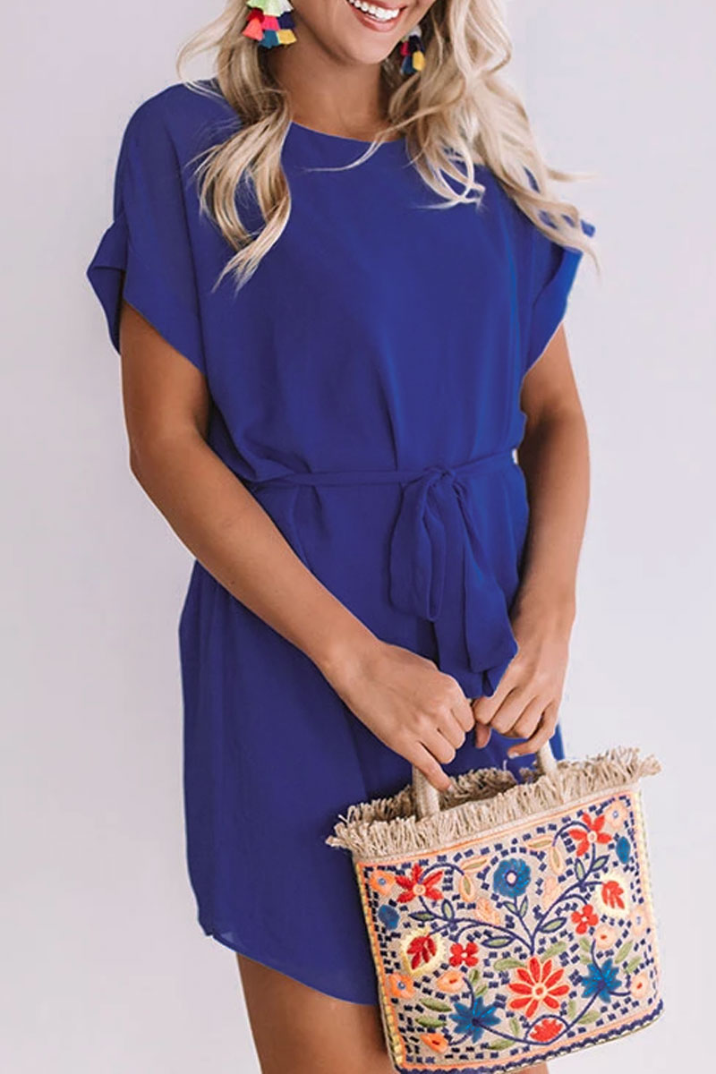 

Lovely O Neck Lace-up Blue Knee Length Dress