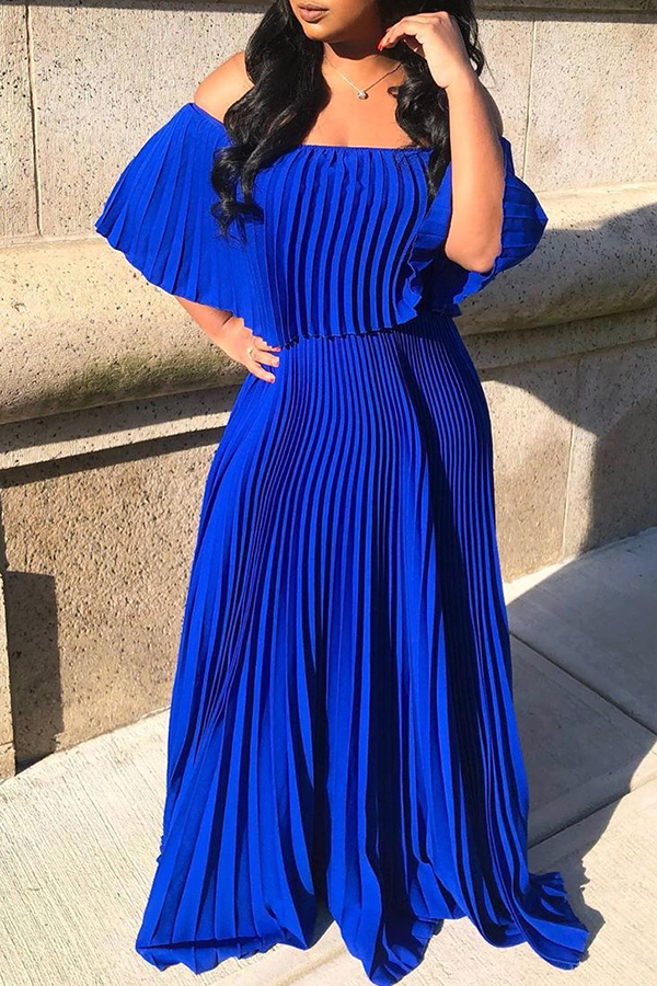 

Lovely Sweet Ruffle Design Blue Floor Length Dress