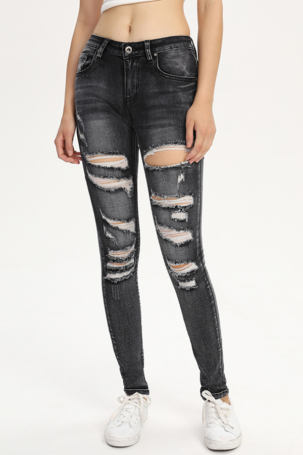 

Lovely Casual Broken Holes Black Jeans