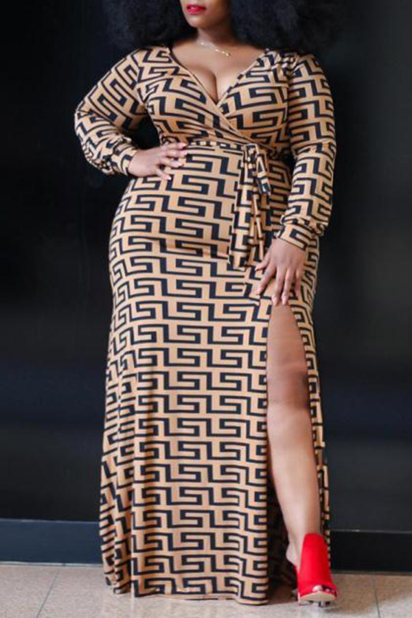 

Lovely Casual Geometric Printed Dark Coffee Floor Length Plus Size Dress