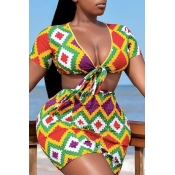 Lovely Casual V Neck Printed Multicolor Two-piece 