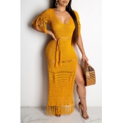 Lovely Sexy V Neck Hollow-out Side Split Yellow An