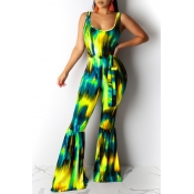 Lovely Casual U Neck Printed Yellow One-piece Jump