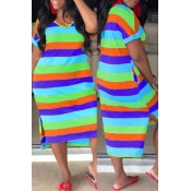 Lovely Casual V Neck Striped Baby Blue Knee Length