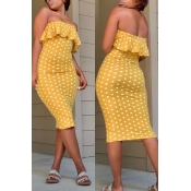 Lovely Stylish Off The Shoulder Dot Printed Yellow