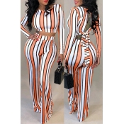 Lovely Stylish O Neck Striped Multicolor Two-piece