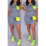 LW Casual O Neck Striped Patchwork Green Mini Dres