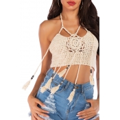 Lovely Sexy Halter Neck Hollow-out Apricot Tank To