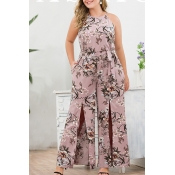 Lovely Bohemian O Neck Printed Pink Plus Size One-