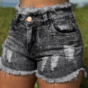 Lovely Casual High Waist Tassel Design Black Jeans