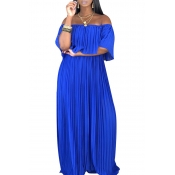Lovely Sweet Off The Shoulder Ruffle Blue Floor Le